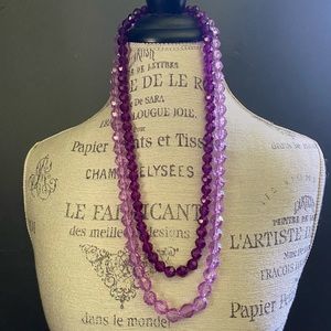 Purple and lavender double strand beaded plastic statement necklace